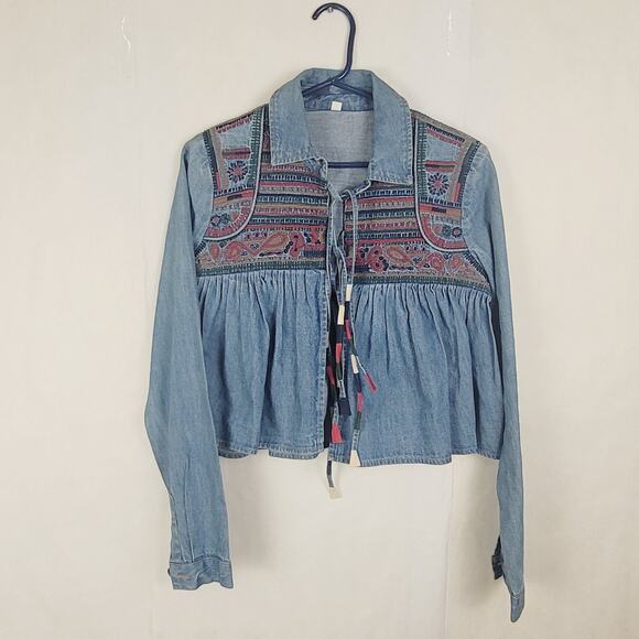 Embroidered denim front tie shacket Size XS boho western womens - Picture 1 of 9